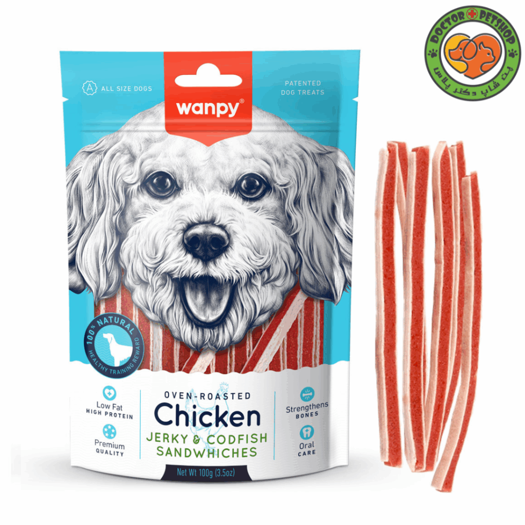 تشویقی سگ ونپی با طعم مرغ و ماهی Wanpy Chicken Jerky and Cod Fish Sandwiches